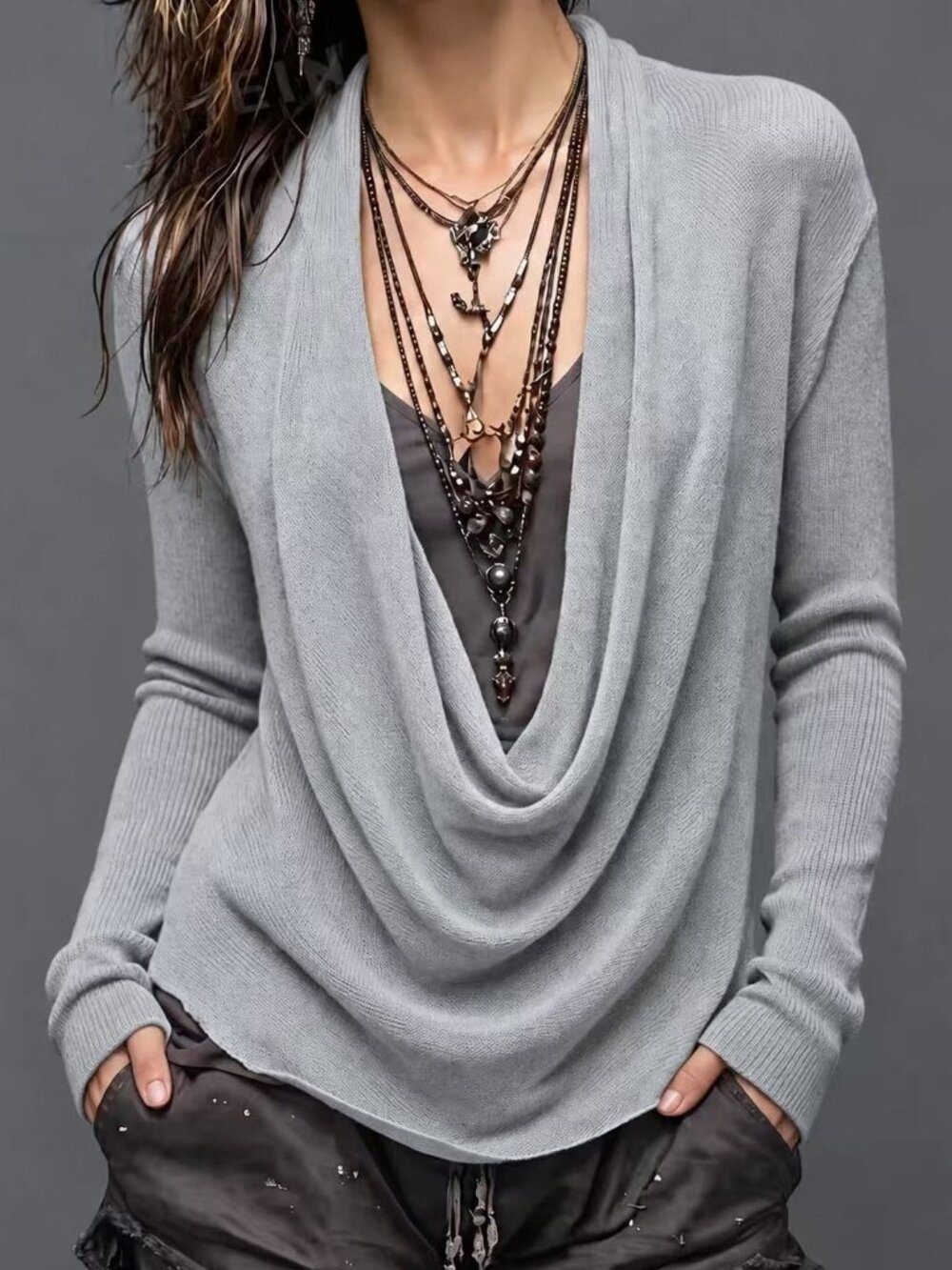 Gray Cozy Women's Draped Long Sleeve Cowl Neck Sweater